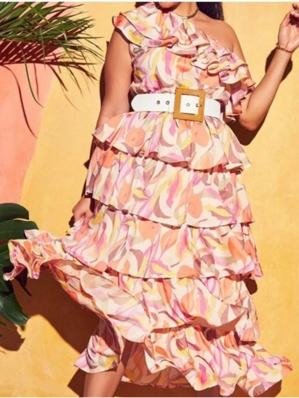 ELOQUII x MELISSA MERCESDES Ruffled One-Shoulder Pink Multi-Color Tiered Dress